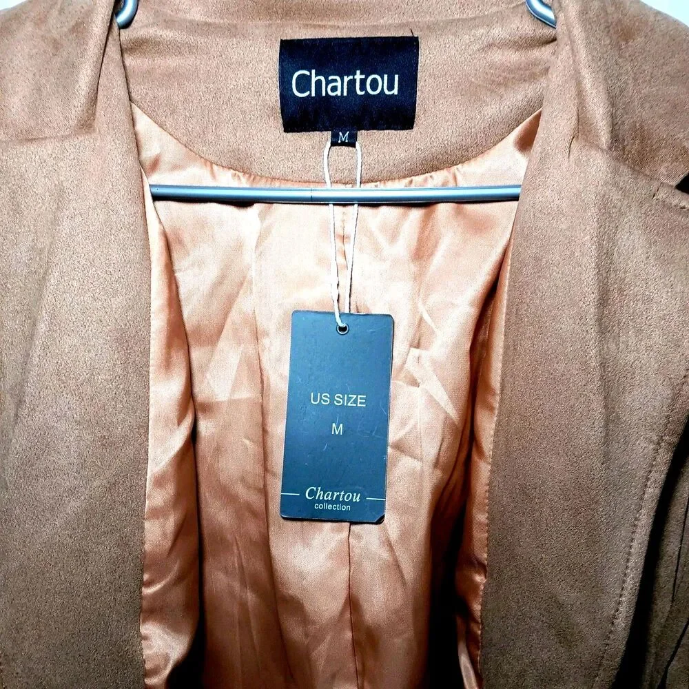 NWT Chartou Faux Suede Camel Color Jacket Sz M Cropped Fringe Open Front - Picture 2 of 10